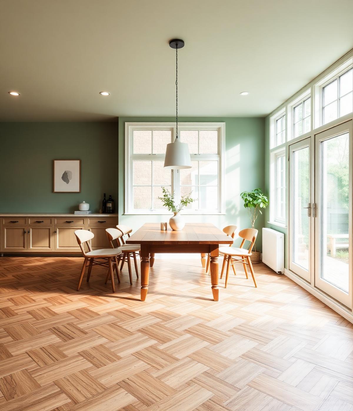 Eetkamer met visgraat parket en saliegroene wanden