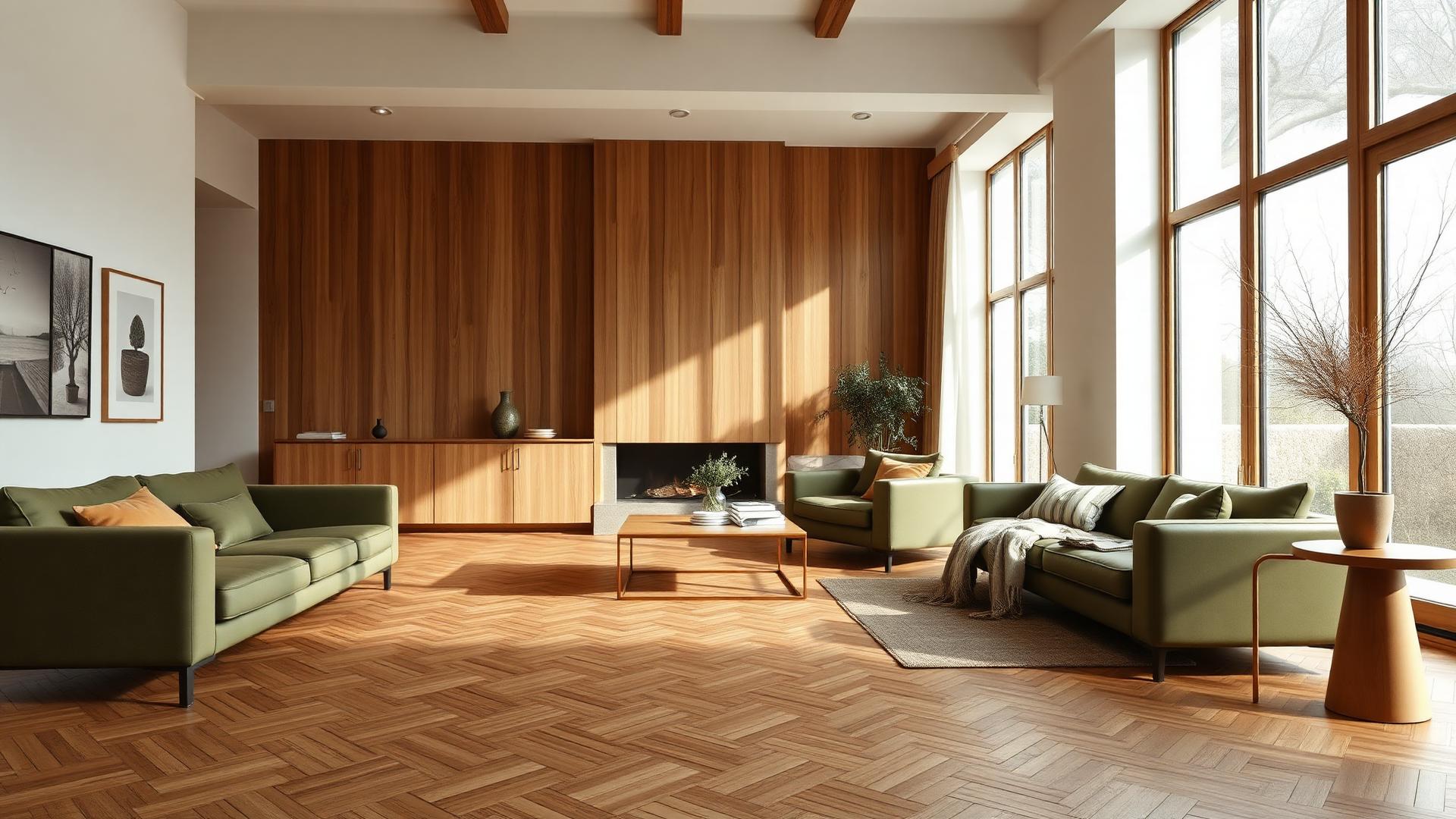 Premium visgraat houten vloer in moderne woonkamer